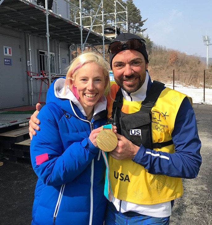 Kikkan Randall and Coach Erik Flora at the 2018 Olympics, in Pyeong Chang. Photo courtesy of Flying Point Road.